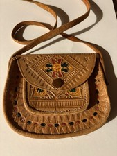Boho Tooled mini Leather Shoulder Bag Tetu n Morocco with Matching Wallet