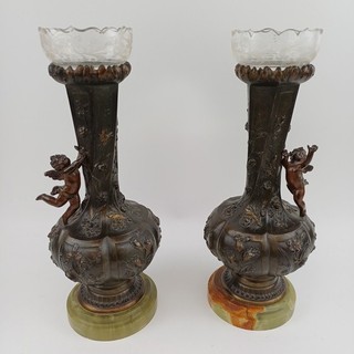 Pair Of Bronze Cherub Bud Vases /Candle Holders With Glass Inserts And Onyx Base