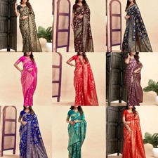 Women's Banarasi Soft Silk Saree Pure Silk with Unstitched Blouse Piece