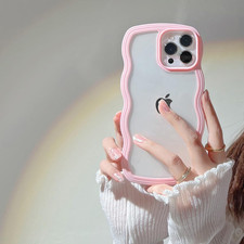 Compatible for Iphone 17 Case Pink Clear Cute Curly Wave Wavy Frame Shape for Ip