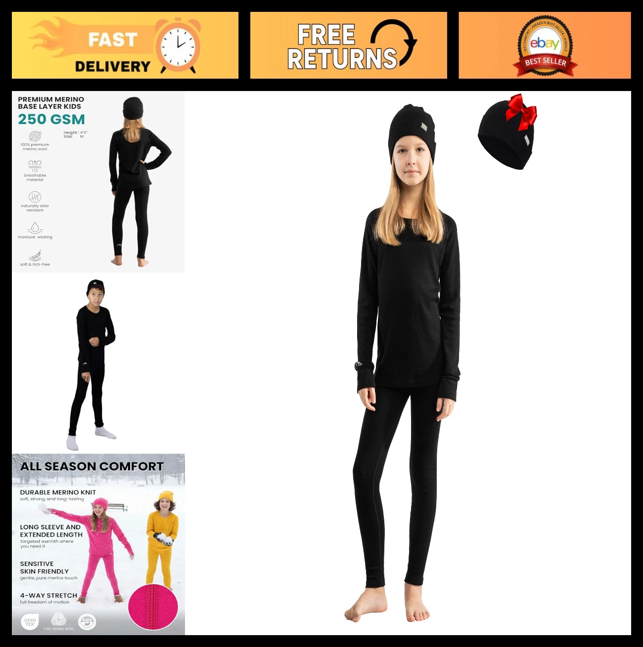 Midweight Merino Wool Kids Base Layer Set - Thermal Top, Bottom & Beanie