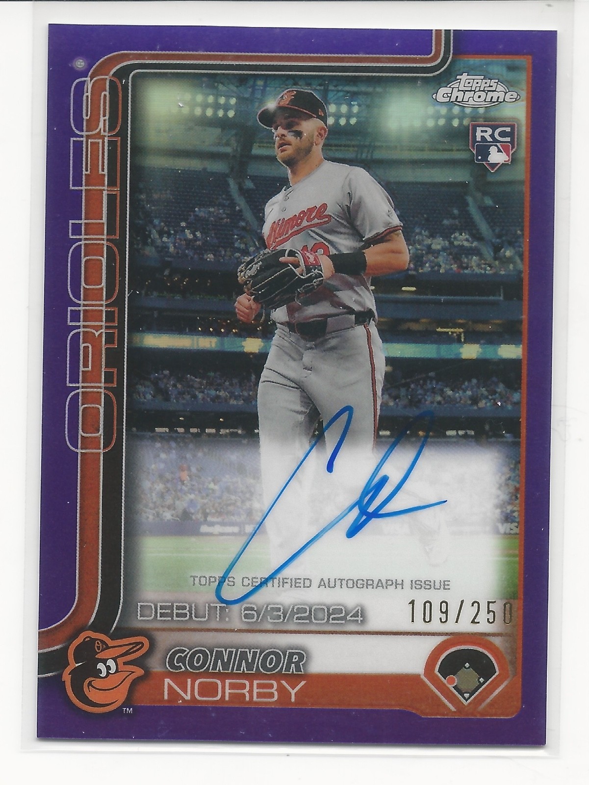 2025 Topps Chrome Update Connor Norby Orioles #CRDA-CNO Purple RC AUTO Refractor