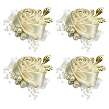 4pcs Wrist Corsage Artificial Flower Bracelet Rose Decorative 7x7cm Light Beige