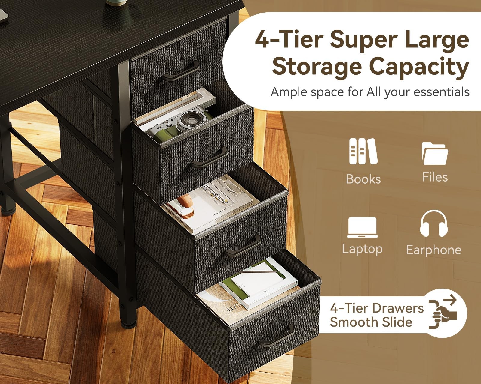 40 Inch Small Computer Desk with 4 Fabric Drawers, Modern Writing PC Desk for...