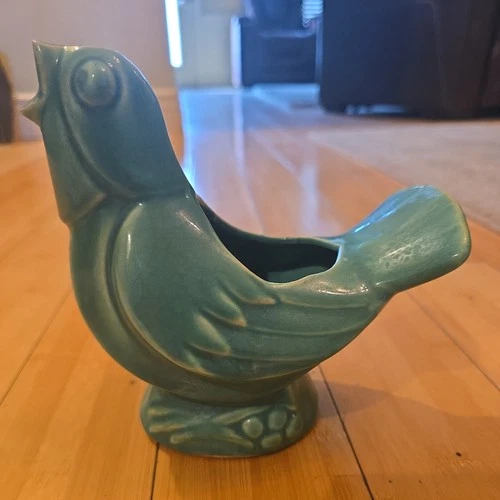 Vtg McCoy USA Singing Bird Pottery Planter turquoise blue