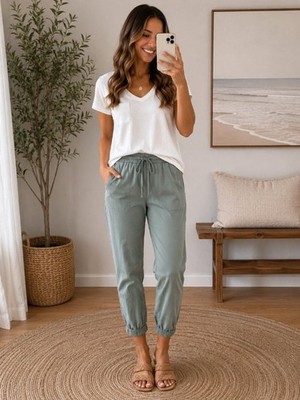 Thread & Supply Teal (light Jean Color) Linen Jogger Pants Drawstring Medium