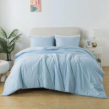 Queen Light Blue Comforter Set, Solid Lightweight Skin-Friendly Boho Bedding Set