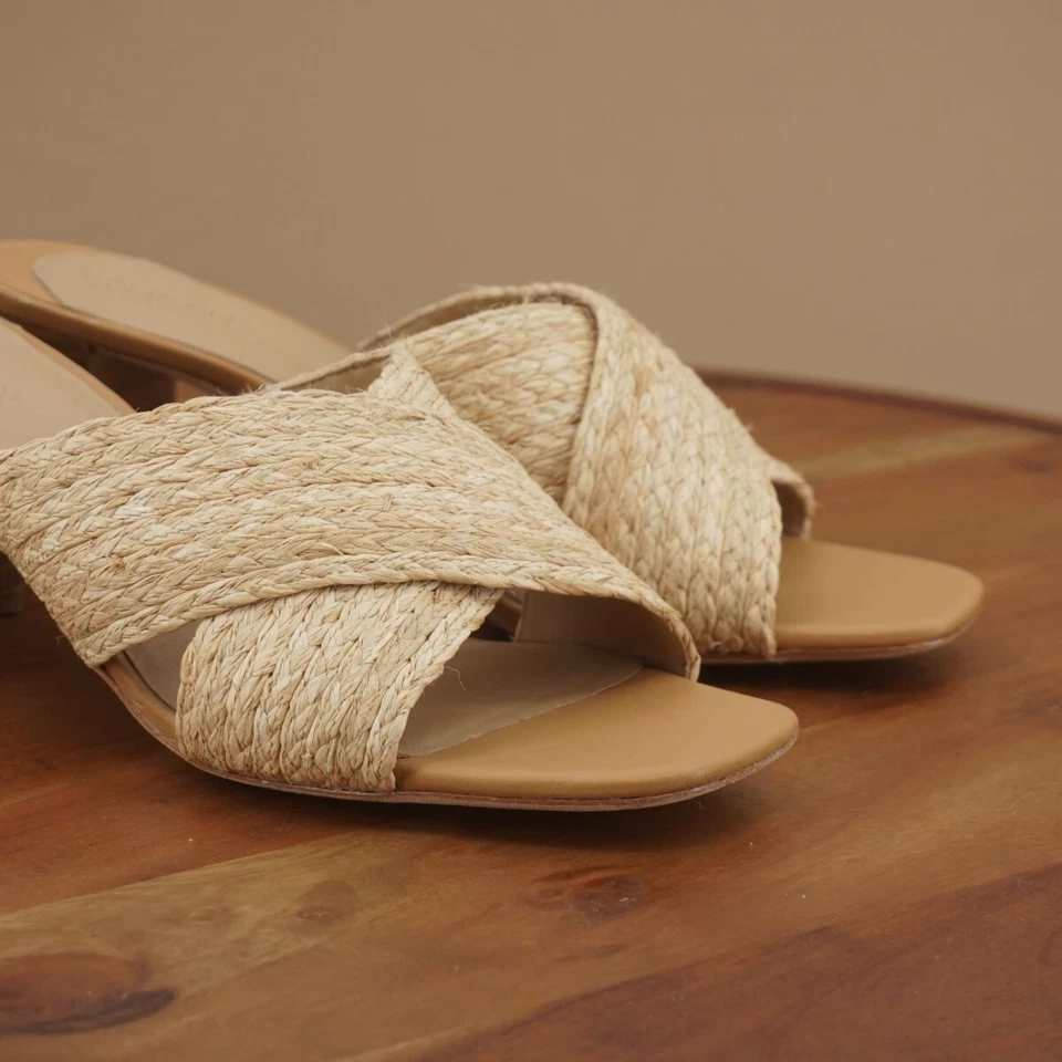 Lauren Ralph Lauren Feminino Freddi Sandálias Slide Salto Bloco Vime Bege Tamanho 10B - Imagem 2 de 4