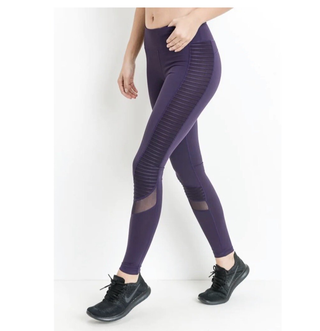 Leggings Mono B Berenjena Acanalados/Paneles de Malla Talla Grande Yoga Ropa Activa-image