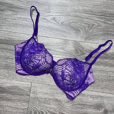 Victorias Secret Sexy Purple Lace Push Up Plunge Bra 32C Purple Rhinestone
