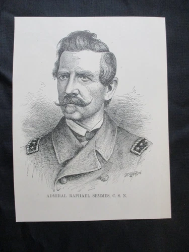 1885 Civil War Print - Confederate Admiral Raphael Semmes, CSS Alabama Warship