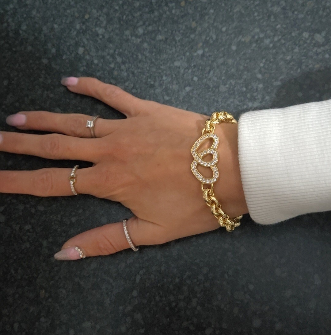 Gold Belcher Bracelet Womens CZ Sparkly Heart 8mm Patterned Belcher Bracelet