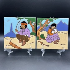 Set Of 2 VTG 1984 Leone Kuhne  Earthtones 6' x 6" Tile Trivet / Wall Art