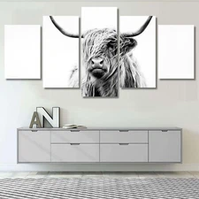 Black and White Highland Cow 5 Piece Canvas Print Wall Art Poster Home Decor