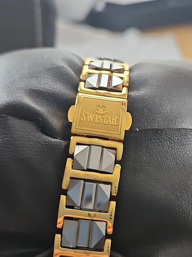 RARE 23 Ct Gold Swistar Watch Tungsten Case And Bracelet Sapphire With Diamonds - Picture 3 of 10
