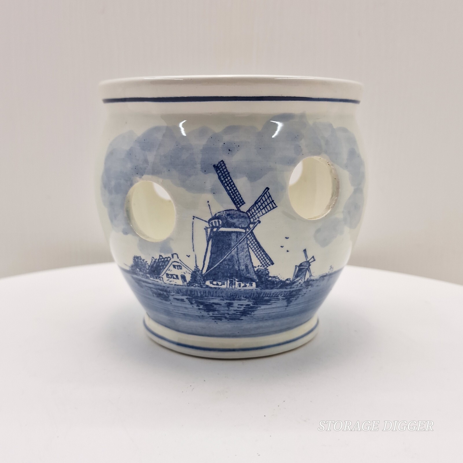 VTG Delft Blauw Crocus Bowl/Bulb Planter Hand Painted Windmill Sailboat Holland