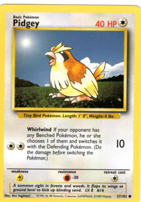 PIDGEY 57/102 BASE SET UNLIMITED POKEMON TCG CCG 1999 NM