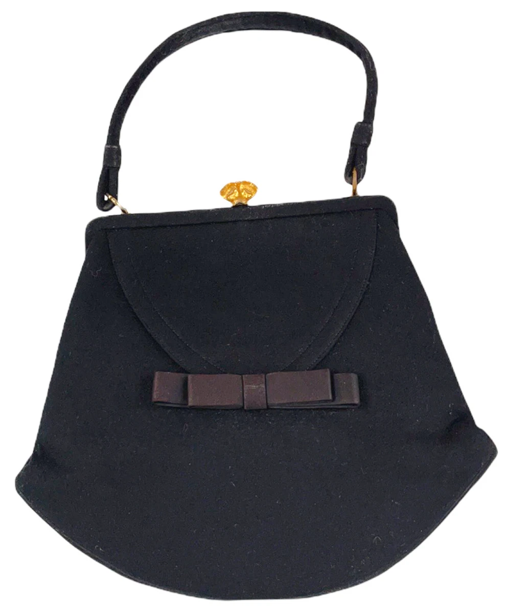 Vintage 1950s Crown Lewis Black Wool Handbag Purse Bow Gold Clasp