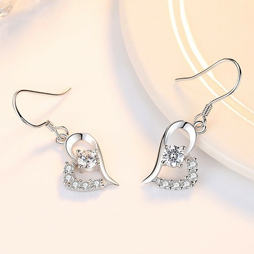 Fashion Women 925 Silver Earrings Creative Love Heart Crystal Tassel Stud 1277 - Picture 3 of 4