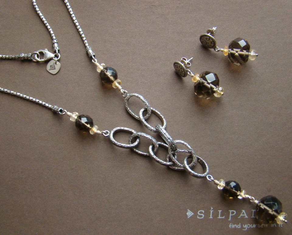 Silpada SET Smoky Quartz, Citrine, Necklace N1454 Post Earrings P1419 Set - Imagem 3 de 4