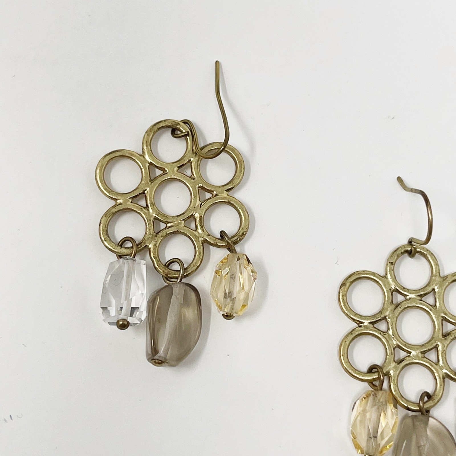 Gold Tone Openwork Geometric Dangle Earrings Gems… - image 2