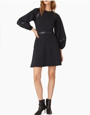 Shoshanna Elsy Long Sleeve Little Black Dress w Faux Leather Trim Size 12 NWT
