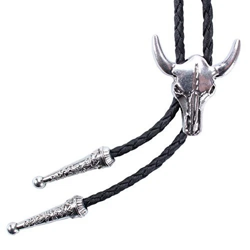 Western Vintage Bolo Tie for Men - Cow Skull Design Cowboy - Black Silver