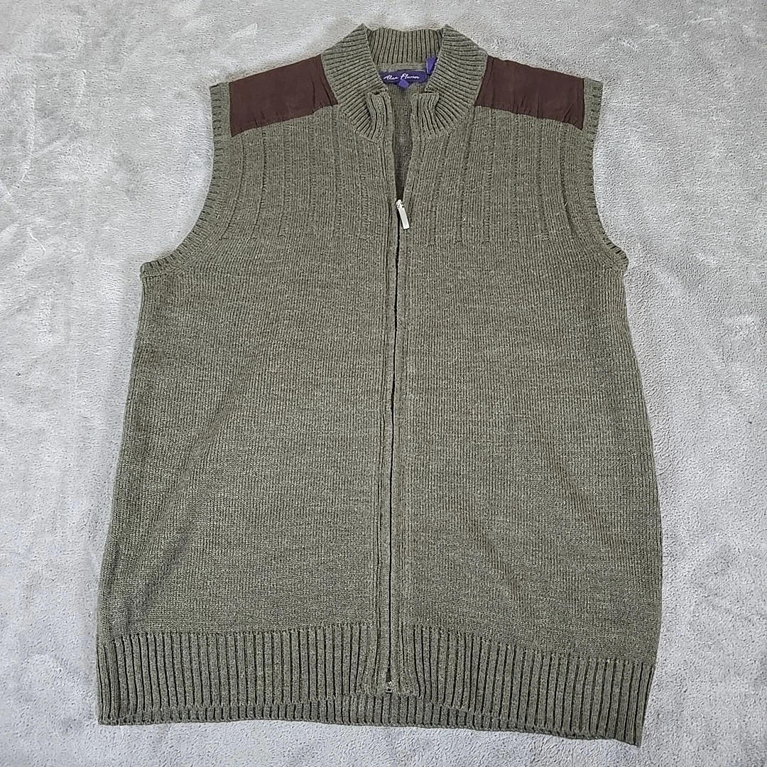 Alan Flusser Vest Mens Large Olive Full Zip Brown Shoulder Patches Casual