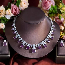 New Women Charm Square Drop Silver Plated Cubic Zircon Flower Bridal Jewelry Set