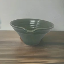Handcrafted Over And Back Yellow Ware Green Ceramic Mixing Bowl With Spout 7 in