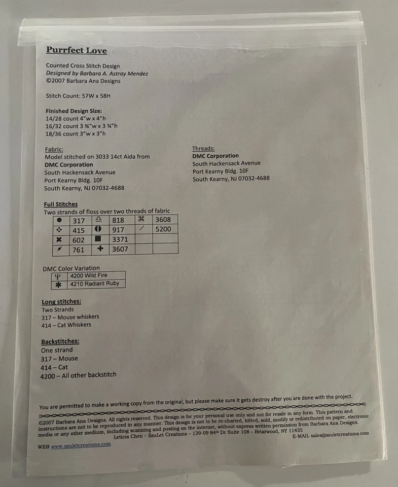 FREE SHIP! Barbara Ana Designs "Purrfect Love" Cross Stitch Pattern - Image 2 of 2