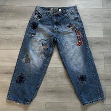 VINTAGE Y2K NINETY SIX NORTH JNCO INSPO DENIM BAGGY EMBROIDERED JEANS SIZE 42x33