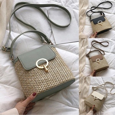 Frauen Korb Handtasche Totes Strand Stroh Eimer Sommer Tasche Schulter