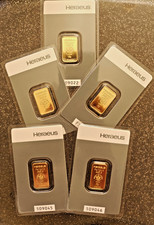 1 x 5 gr Goldbarre  v. Heraeus in Blister, ungeöffnet, unbeschädigt!