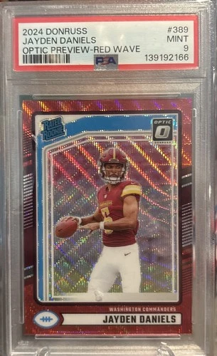 🔥2024 DONRUSS OPTIC PREVIEW RED WAVE #389 JAYDEN DANIELS ROOKIE RC PSA 9🔥