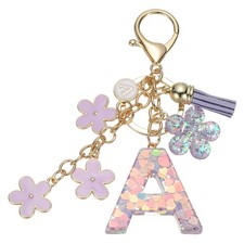 Alphabet A Tassel Cherry Blossom Initial Letter Keychain Purple, Pack of 1 