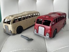 Vintage Mettoy tin plate clockwork Bus x2 red and White, working with one key