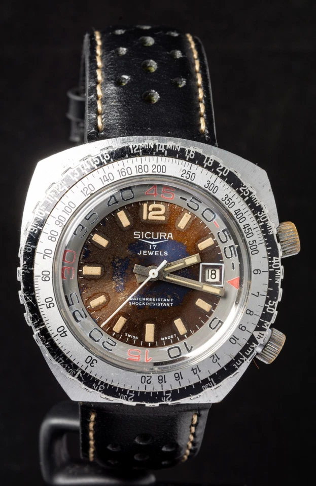 Sicura Computer Diver Irregular Men's Hand-Wind Vintage Swiss Watch -- Working — 第 3/4 张图片