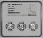 1943 P D S 1c Lincoln Steel Wheat Cent Set NGC Graded MS 65 Three Coin Holder