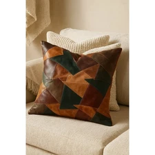 Modern Rustic Leather Patchwork Cushion - Earth Tones | Decor Accent
