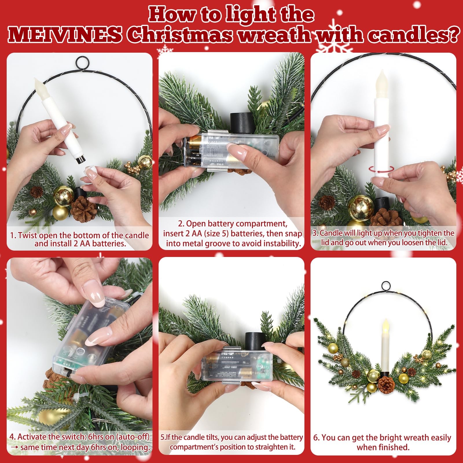 MEIVINES 2Pack Christmas Wreaths for Front Door with LED Taper Candles,16 Inc...