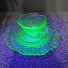 Green Depression Uranium Glass Luncheon Plate w/ Cup & Saucer Scalloped Liberty