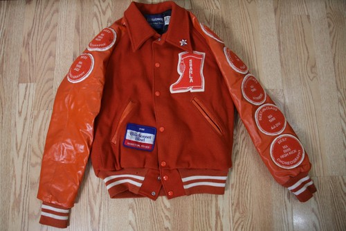 VINTAGE 1986 M COLLEGE VARSITY JACKET BLUEBONNET BOWLS! HOLLOWAY! TEXAS - ORANGE - Picture 2 of 10