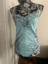 Vtg Blue Nylon  Sheer Lace Teddy Romper Lingerie Size M Snap Crotch