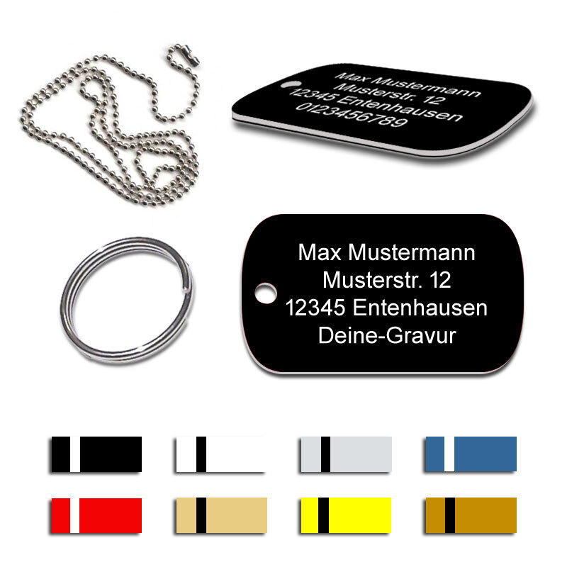 Erkennungsmarke Dog Tag Hundemarke Acryl Gravur versch.Farben Kette Ring 50x29mm