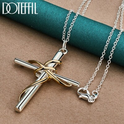 New Gift Gold Cross Pendant  With Real 925 Sterling Silver Necklace For Women