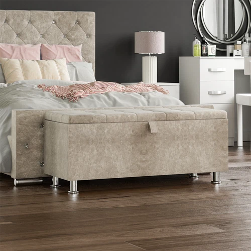 SALE Storage Ottoman Box Foot Stool Toy Chest Crushed Velvet Champagne deal from eBay