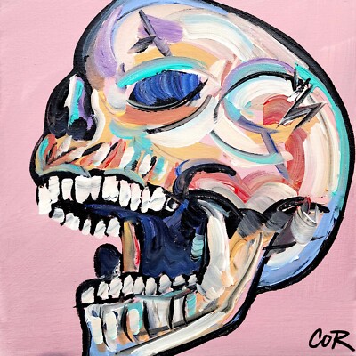 CORBELLIC EXPRESSIONISM 12X12 LAUGHING SKULL HANDMADE SIGN