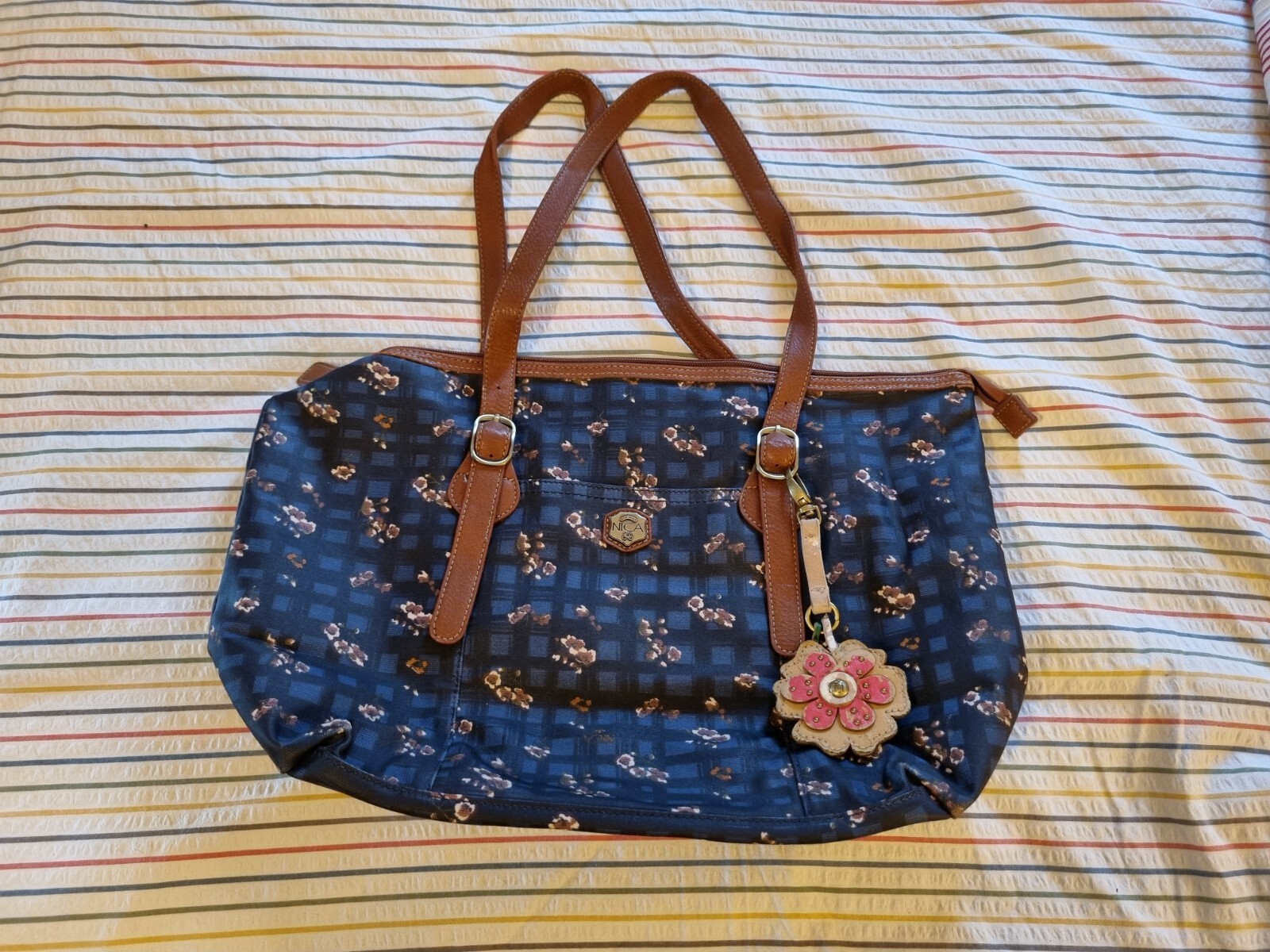 Nica Lorraine Blue Oil Cloth Tote Bag Floral Pattern Shoulder handbag