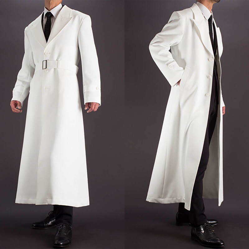 AMAIL  man coat ホワイト Men's White Long Coat Single Breasted Wind Cheater Peak Collar